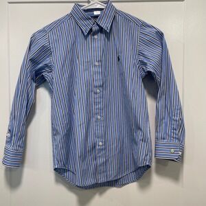 Ralph Lauren Boys Blue White Striped Button Down Cotton Shirt Long Sleeve